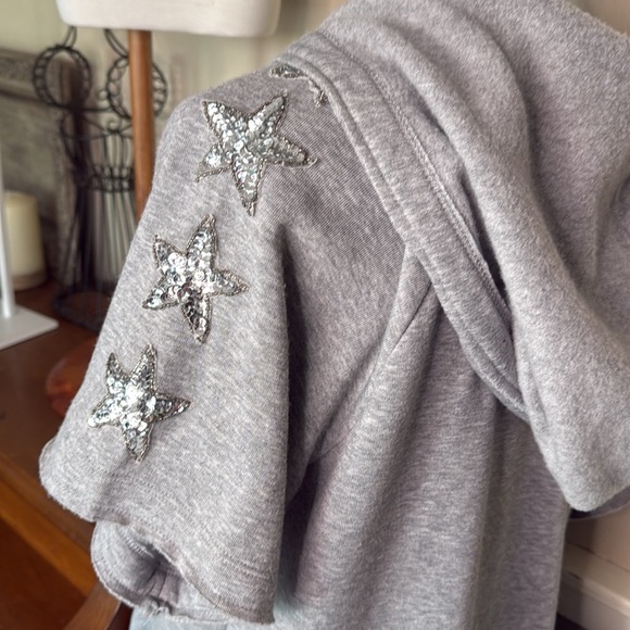 Gray Oversized Midi Dress with V-Neck Short Sleeve Pockets Sequin Star Hooded - Picture 4 of 4